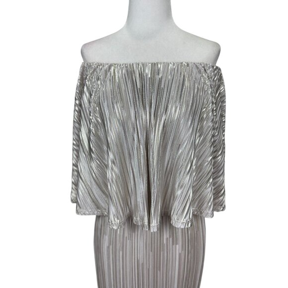 Caramela M Metallic Silver Off Shoulder Maxi Dress Evening Gown Elegant Chic - Picture 2 of 13